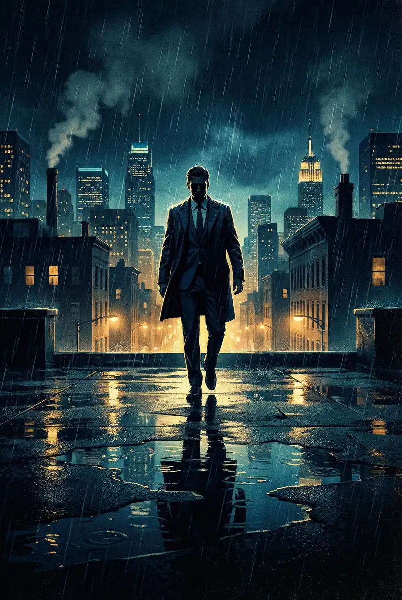 工口动漫 出品影片《雨夜独行者》海报，雨中城市屋顶男性剪影